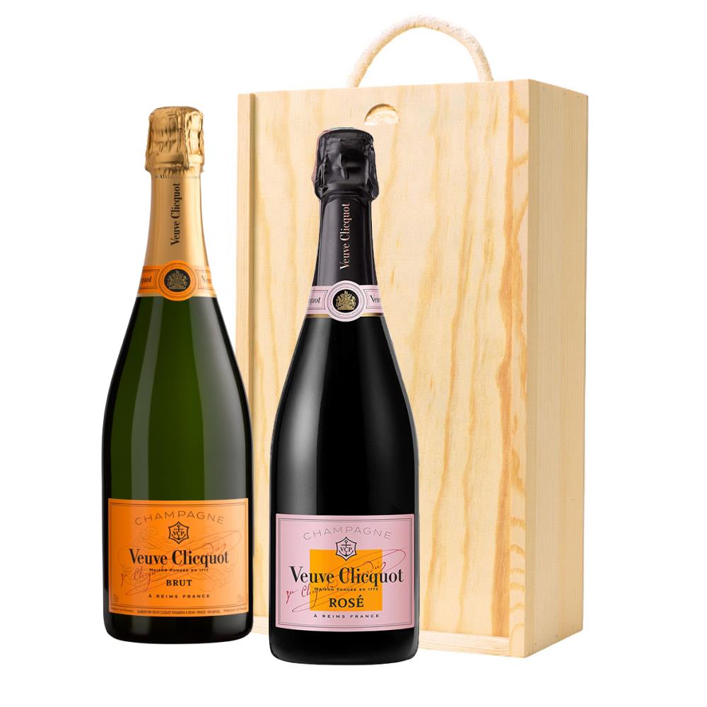 Veuve Clicquot Brut and Veuve Clicquot Rose Two Bottle Wooden Gift Boxed (2x75cl)